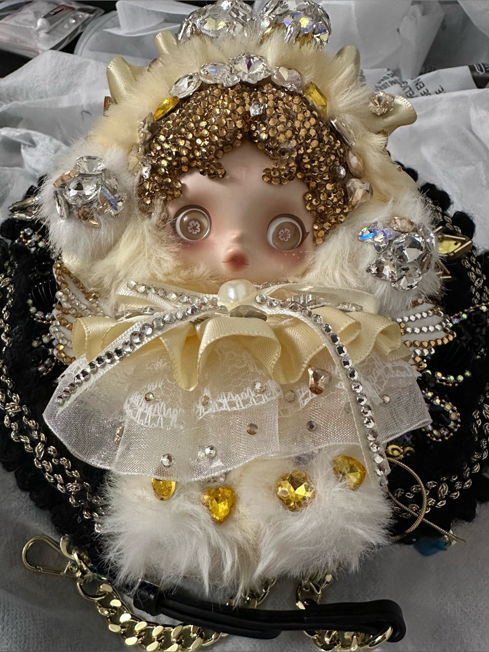 Crossbody Round Bag With Embellished Crystal Skullpanda Plush Pendant.